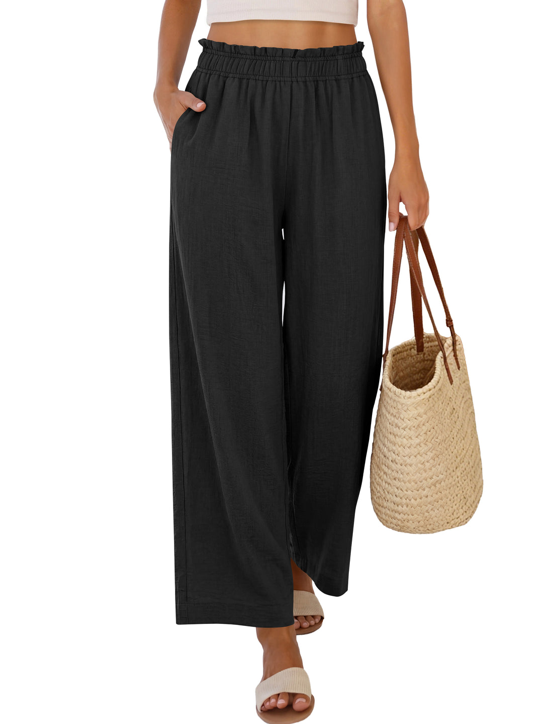 ANRABESS Womens Palazzo Pants,Wide Leg Cropped Elastic High Waisted,Flowy Lightweight Airy,Summer Casual for Beach Vacation