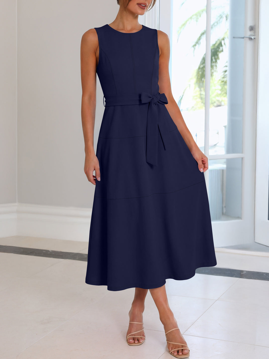 ANRABESS Women Formal Midi Dress Sleeveless Elegant Business Casual 2026 Summer Cocktail Party Night Out Dresses with Belt