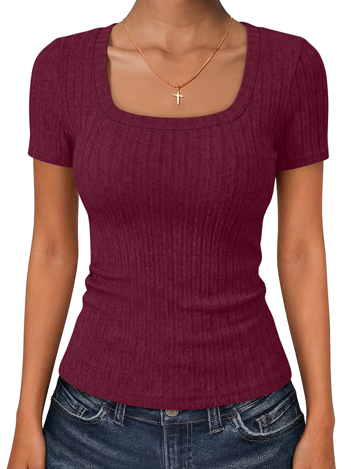 ANRABESS Womens Square Neck Tops, Soft Lightweight Rib Knit Sweater, Short Sleeve Slim Fit Shirts, Summer Casual Outfits 2026
