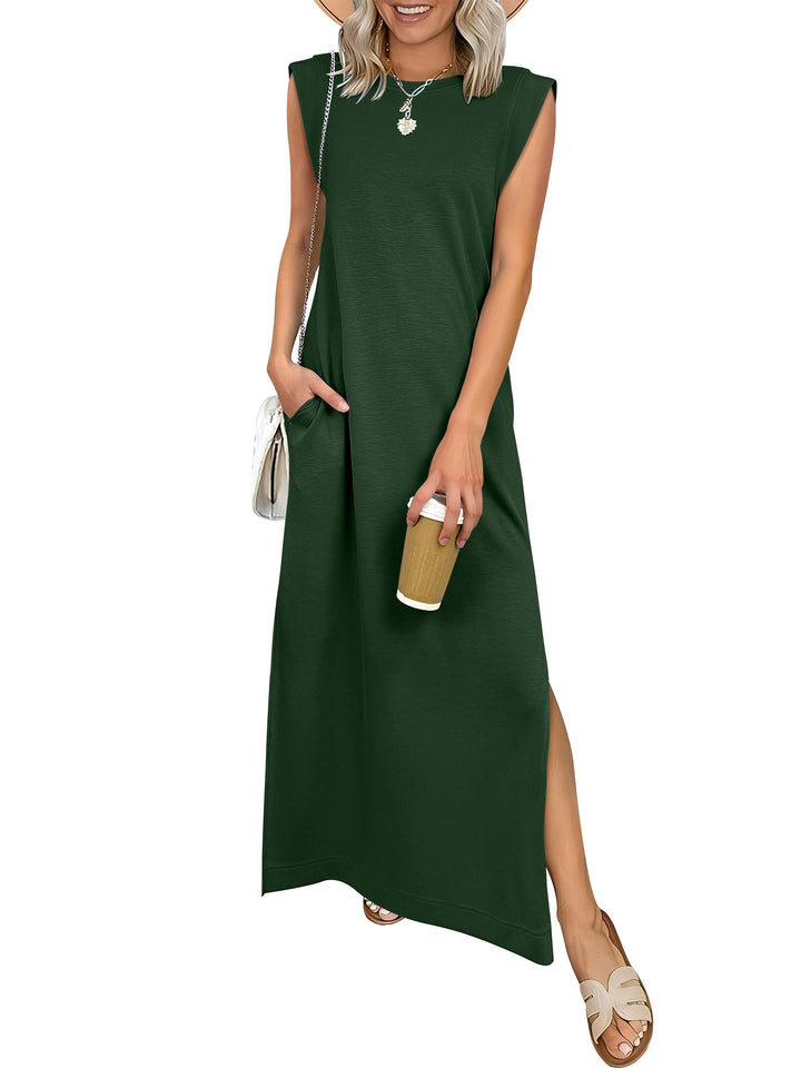 ANRABESS Summer Casual Sleeveless Maxi Dress for Women Crewneck Loose Split Wrinkle-Free Travel Vacation Long Dress Beach Sundress with Pockets