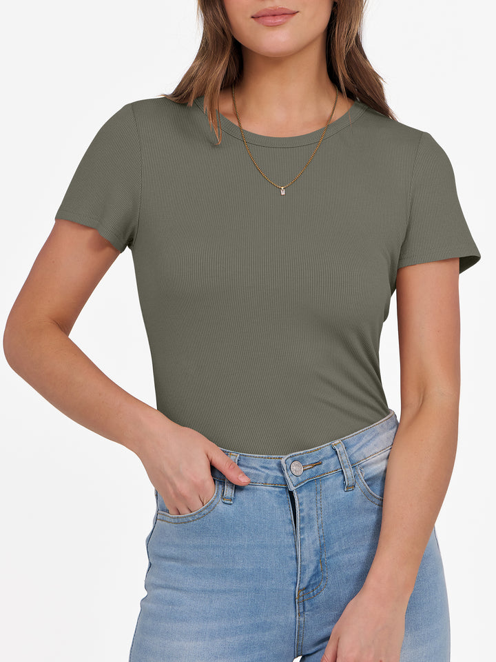 ANRABESS Womens Short Sleeve Tops Crewneck Ribbed Knit Slim Fit Basic Tee Casual Summer Fitted T Shirt