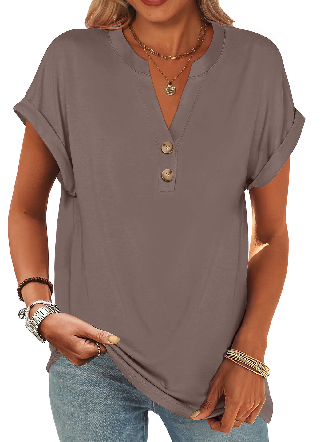 ANRABESS Womens Short Sleeve Henley Tops V Neck Dressy Casual Blouses Summer Trendy Tee Shirts 2026 Vacation Fashion Clothes