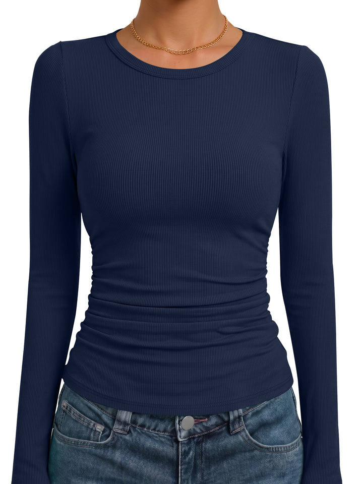 ANRABESS Women's Long Sleeve Shirts , Ruched Side Fitted Basic Tee Tops, Soft Ribbed Stretchy T-Shirt Layer for Casual & Work