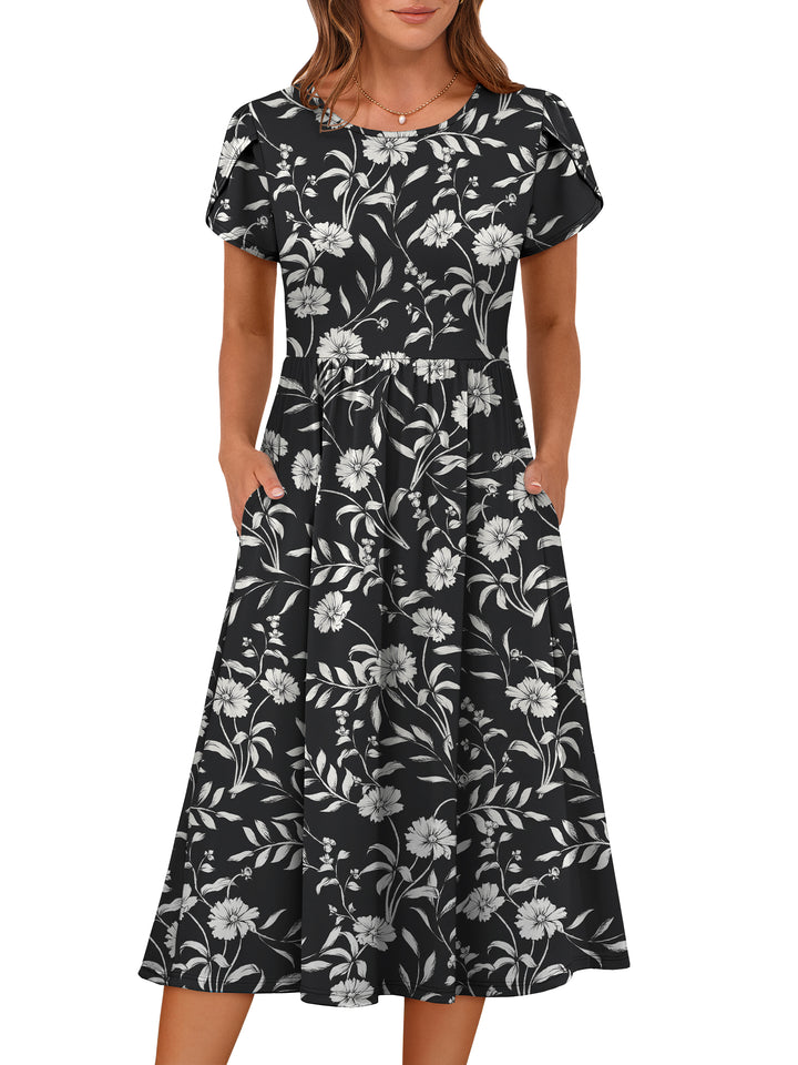 ANRABESS Summer Short Sleeve A-Line Midi Dresses for Women Flowy Casual T Shirt Dresses Beach Floral Sundress with Pockets