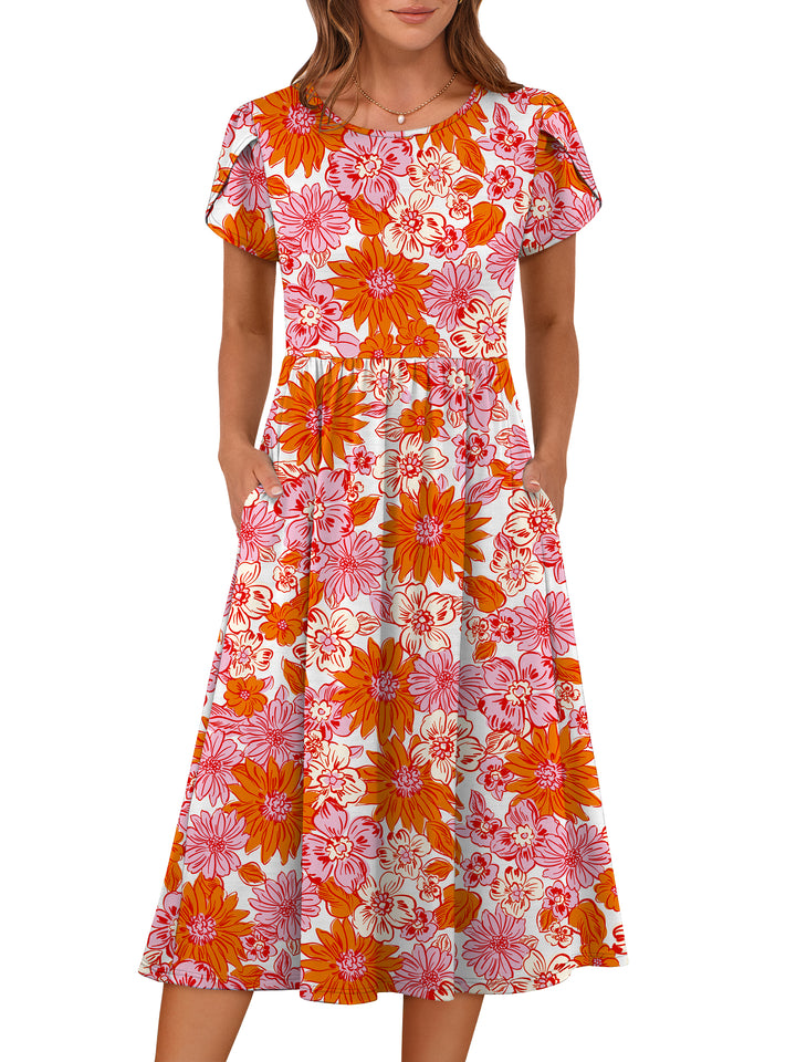 ANRABESS Summer Short Sleeve A-Line Midi Dresses for Women Flowy Casual T Shirt Dresses Beach Floral Sundress with Pockets
