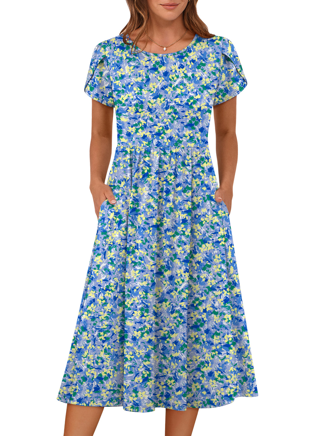 ANRABESS Summer Short Sleeve A-Line Midi Dresses for Women Flowy Casual T Shirt Dresses Beach Floral Sundress with Pockets