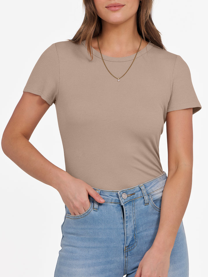 ANRABESS Womens Short Sleeve Tops Crewneck Ribbed Knit Slim Fit Basic Tee Casual Summer Fitted T Shirt