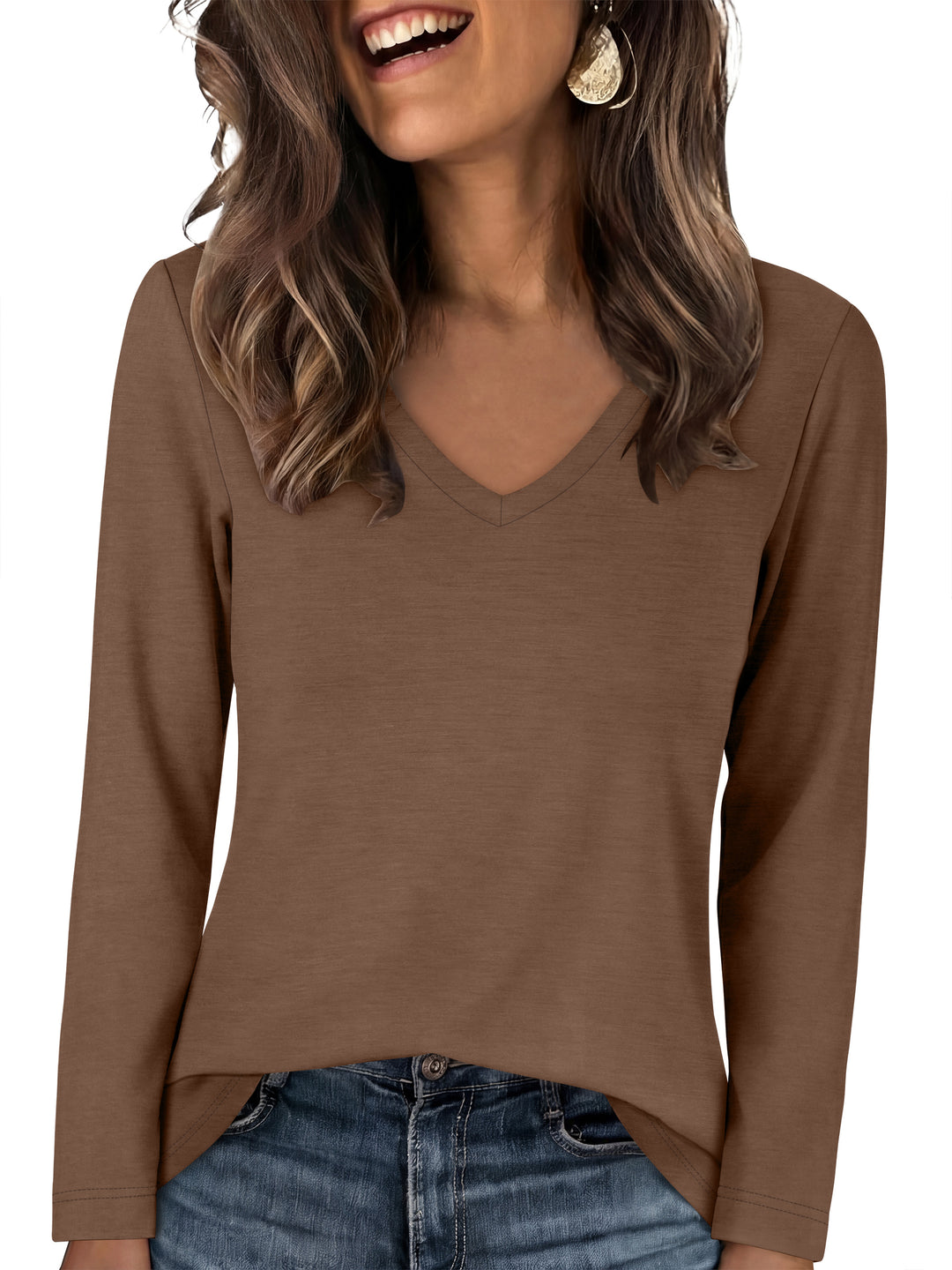 ANRABESS Long Sleeve Shirts for Women, Soft Stretchy Wrinkle-Free V Neck Tops, Fall Casual Tshirts for Work Daily
