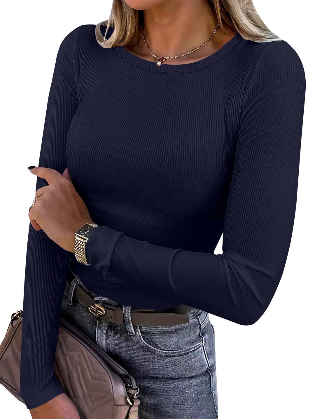 ANRABESS Long Sleeve Shirts for Women Ribbed Knit Slim Fit Basic Tops Crewneck Tees Spring Fall Casual Underscrubs Layer Clothes
