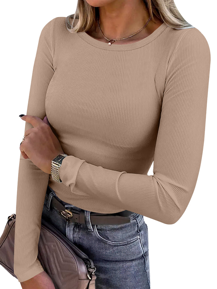 ANRABESS Long Sleeve Shirts for Women Ribbed Knit Slim Fit Basic Tops Crewneck Tees Spring Fall Casual Underscrubs Layer Clothes