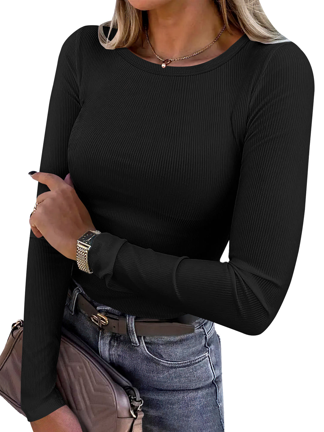 ANRABESS Long Sleeve Shirts for Women Ribbed Knit Slim Fit Basic Tops Crewneck Tees Spring Fall Casual Underscrubs Layer Clothes
