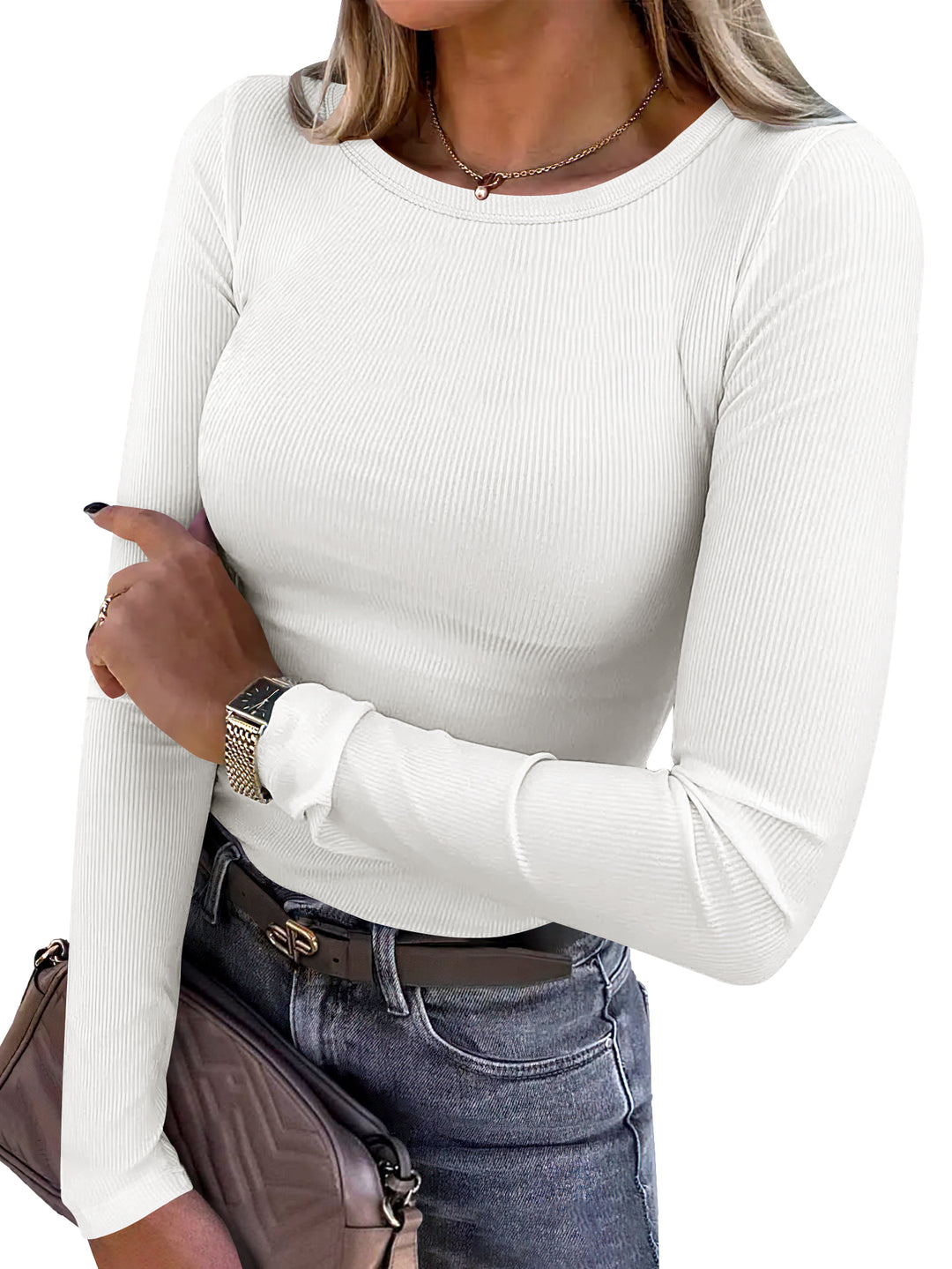 ANRABESS Long Sleeve Shirts for Women Ribbed Knit Slim Fit Basic Tops Crewneck Tees Spring Fall Casual Underscrubs Layer Clothes