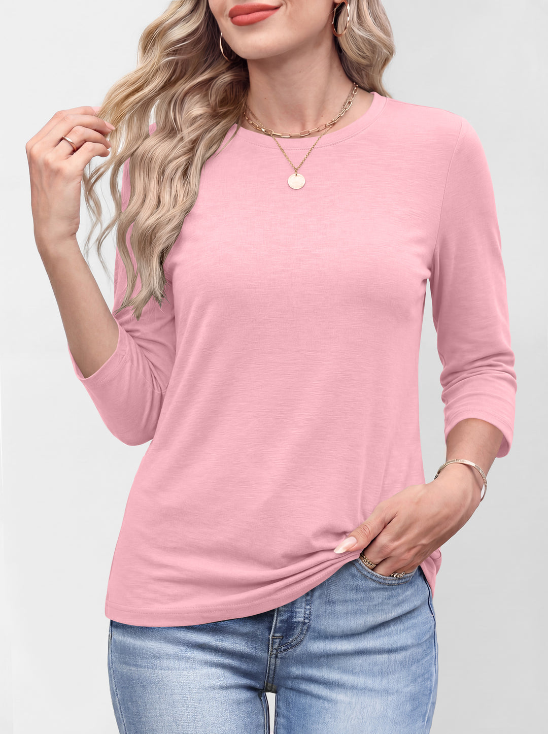 ANRABESS Womens 3/4 Sleeve Top，Wrinkle-Free Soft T-Shirts，Crew Neck Basic Tee，Casual Summer Spring Clothes ，Daily Work Travel
