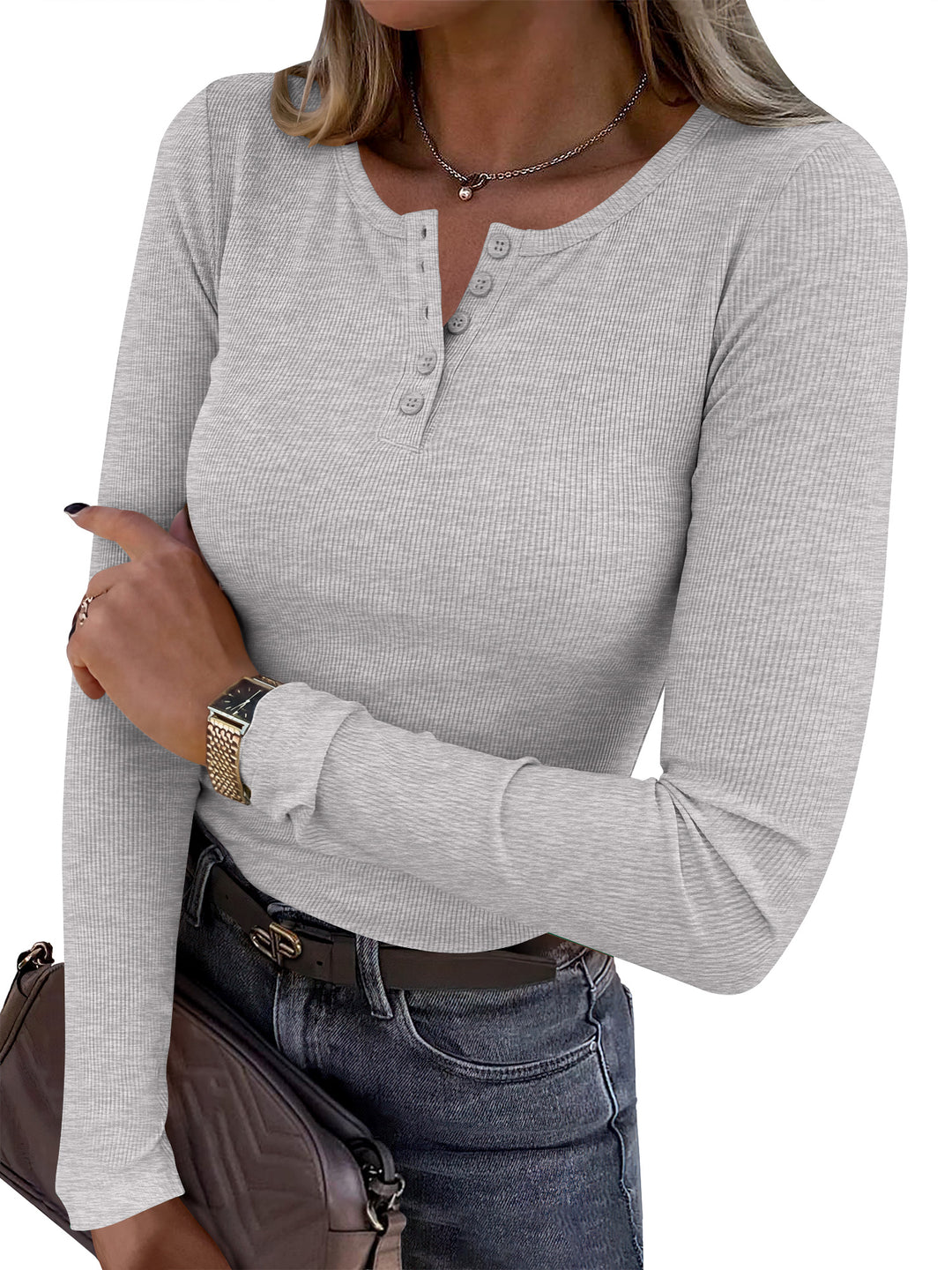 ANRABESS Womens Long Sleeve Henley Tops, Ribbed Slim Fit Shirts, Comfy Stretchy Fall Winter Layer，Basic Tee for Work & Travel