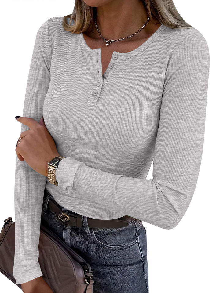 ANRABESS Womens Long Sleeve Henley Tops, Ribbed Slim Fit Shirts, Comfy Stretchy Fall Winter Layer，Basic Tee for Work & Travel
