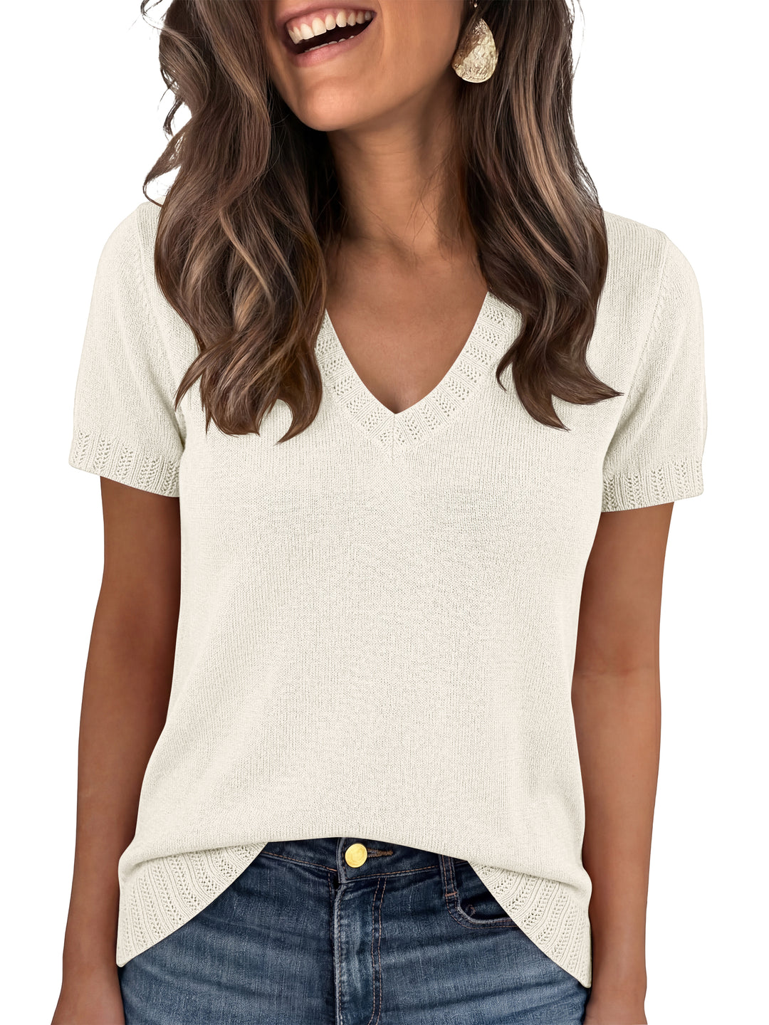 ANRABESS Short Sleeve Sweaters for Women Wool Blend V Neck Sweater Shirts Business Casual Work Tops 2026 Summer Outfits
