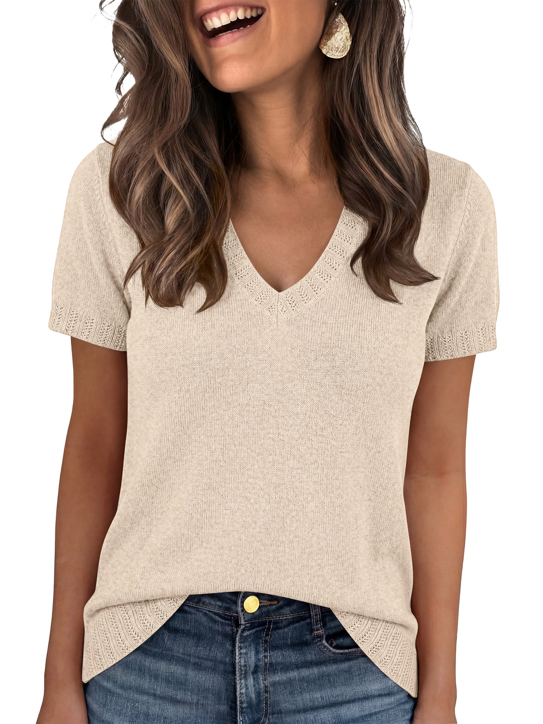 ANRABESS Short Sleeve Sweaters for Women Wool Blend V Neck Sweater Shirts Business Casual Work Tops 2026 Summer Outfits