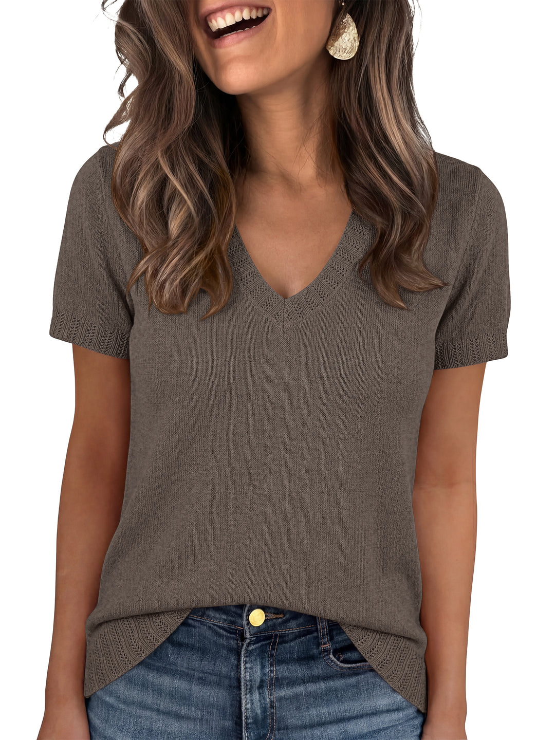 ANRABESS Short Sleeve Sweaters for Women Wool Blend V Neck Sweater Shirts Business Casual Work Tops 2026 Summer Outfits