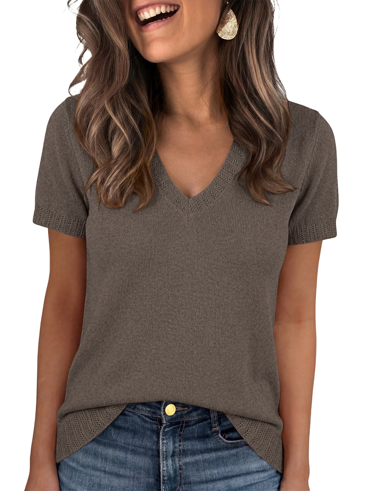 ANRABESS Short Sleeve Sweaters for Women Wool Blend V Neck Sweater Shirts Business Casual Work Tops 2026 Summer Outfits