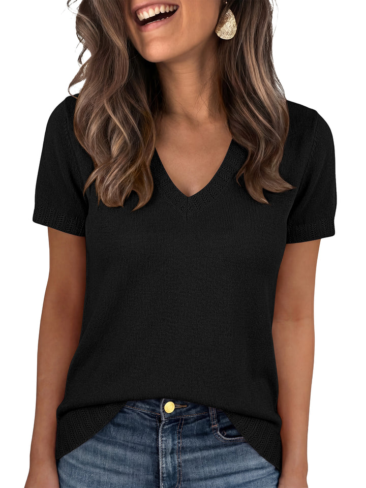 ANRABESS Short Sleeve Sweaters for Women Wool Blend V Neck Sweater Shirts Business Casual Work Tops 2026 Summer Outfits