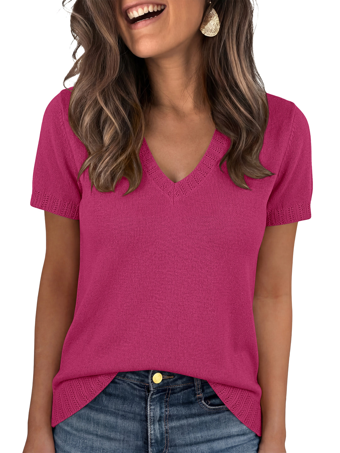 ANRABESS Short Sleeve Sweaters for Women Wool Blend V Neck Sweater Shirts Business Casual Work Tops 2026 Summer Outfits