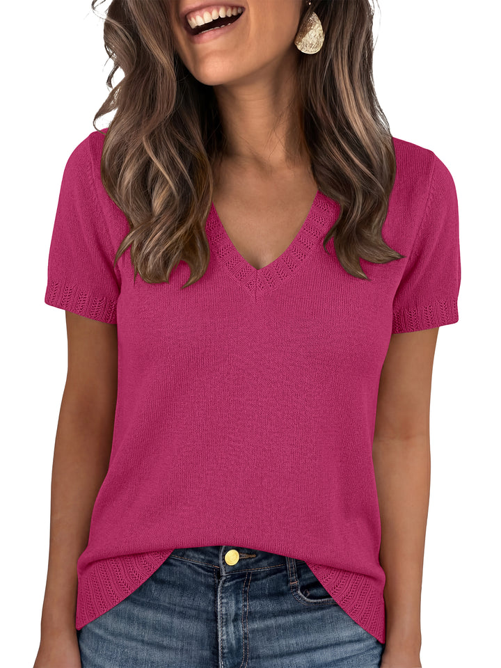 ANRABESS Short Sleeve Sweaters for Women Wool Blend V Neck Sweater Shirts Business Casual Work Tops 2026 Summer Outfits
