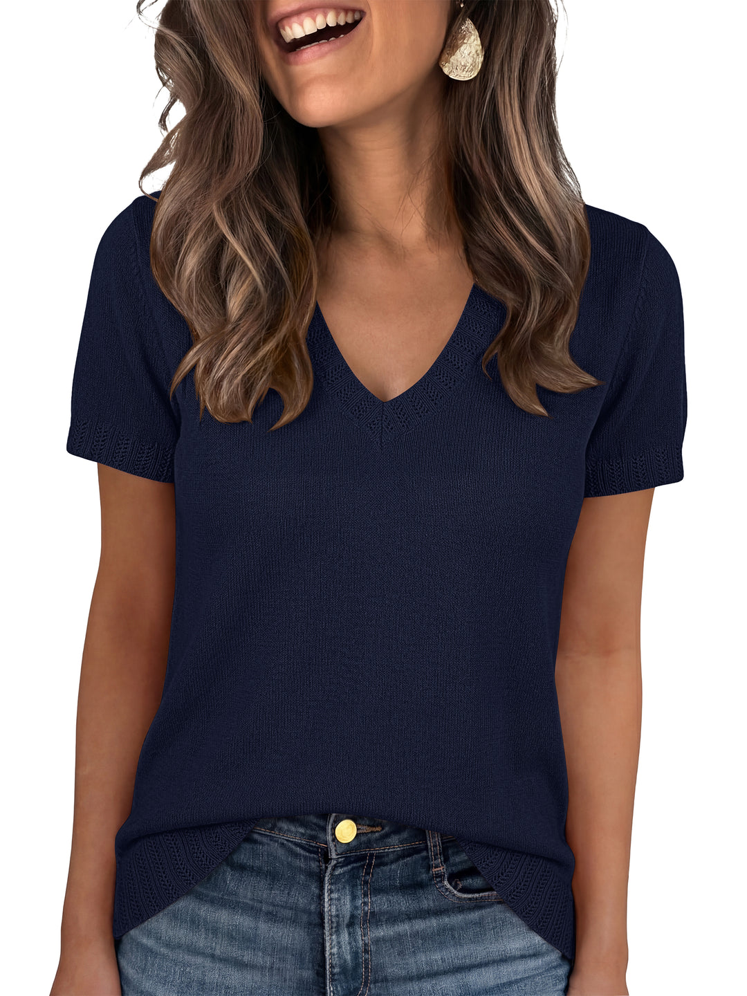ANRABESS Short Sleeve Sweaters for Women Wool Blend V Neck Sweater Shirts Business Casual Work Tops 2026 Summer Outfits