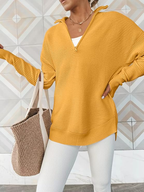 ANRABESS Women's Quarter Zip V-Neck Ribbed Sweater