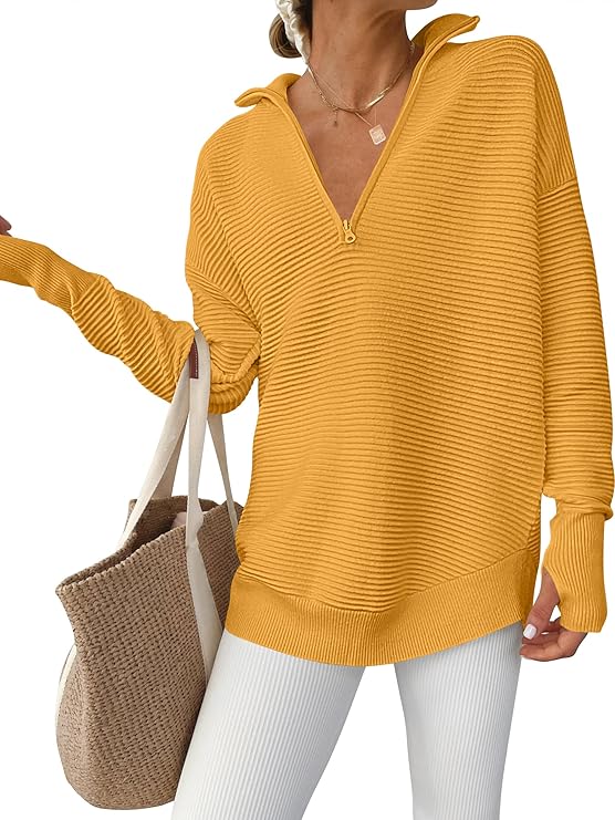 ANRABESS Women's Quarter Zip V-Neck Ribbed Sweater