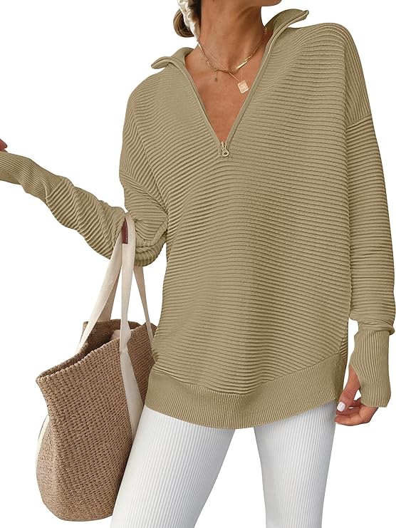 ANRABESS Women's Quarter Zip V-Neck Ribbed Sweater