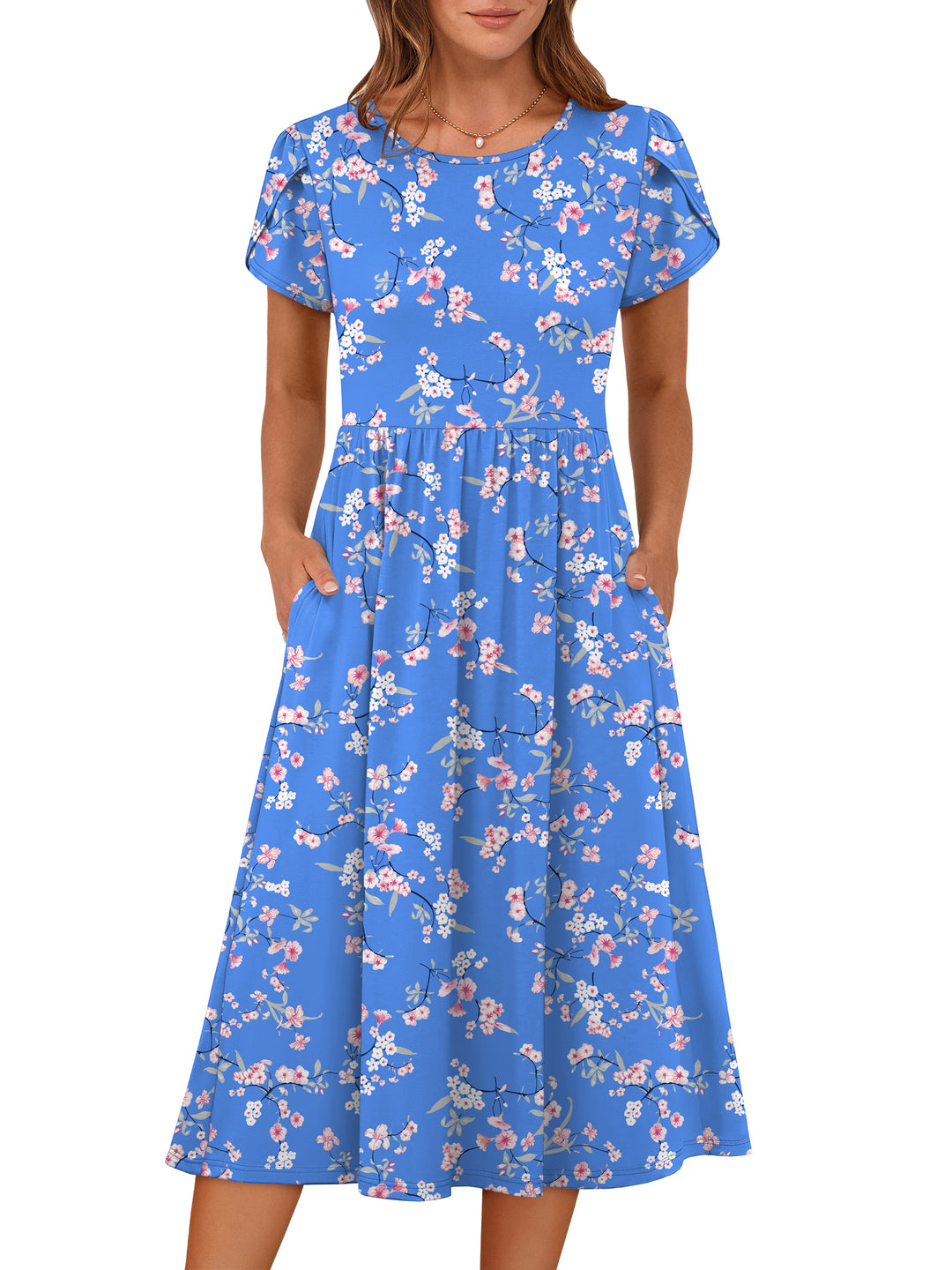 ANRABESS Summer Short Sleeve A-Line Midi Dresses for Women Flowy Casual T Shirt Dresses Beach Floral Sundress with Pockets