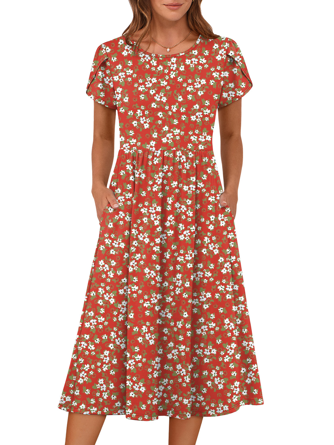ANRABESS Summer Short Sleeve A-Line Midi Dresses for Women Flowy Casual T Shirt Dresses Beach Floral Sundress with Pockets