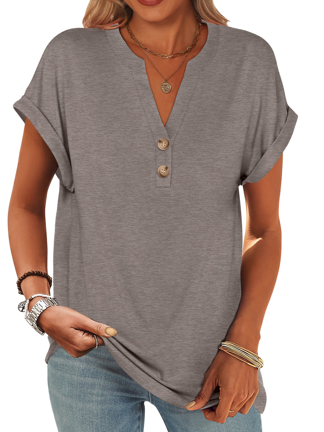 ANRABESS Womens Short Sleeve Henley Tops V Neck Dressy Casual Blouses Summer Trendy Tee Shirts 2026 Vacation Fashion Clothes