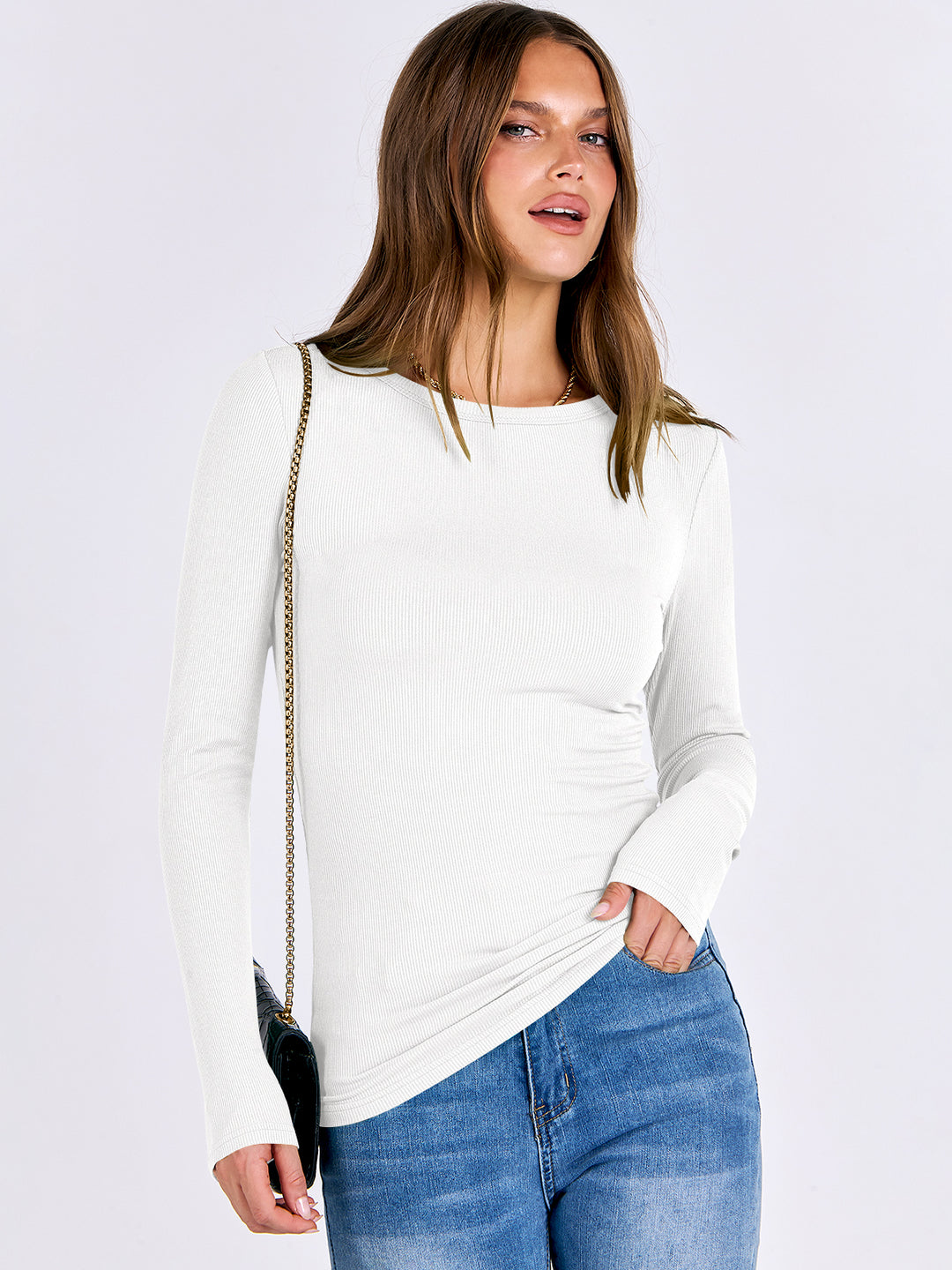 ANRABESS Long Sleeve Shirts for Women Ribbed Knit Slim Fit Basic Tops Crewneck Tees Spring Fall Casual Underscrubs Layer Clothes