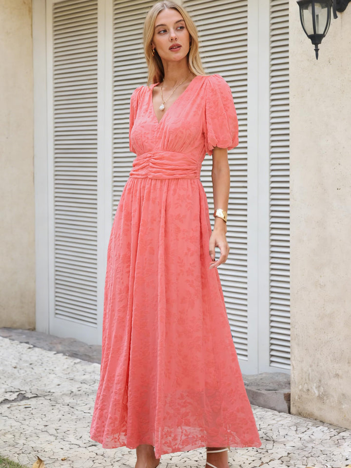 ANRABESS Women’s Floral Maxi Formal Dress Summer Mesh Short Sleeve V Neck Empire Waist Wedding Guest Party Dresses