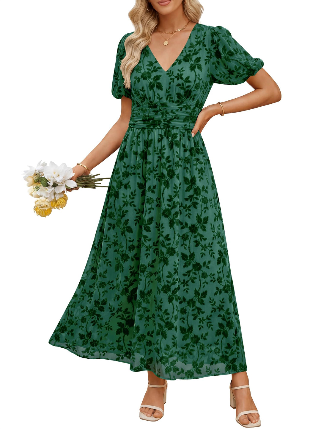 ANRABESS Women’s Floral Maxi Formal Dress Summer Mesh Short Sleeve V Neck Empire Waist Wedding Guest Party Dresses