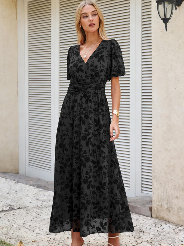 ANRABESS Women’s Floral Maxi Formal Dress Summer Mesh Short Sleeve V Neck Empire Waist Wedding Guest Party Dresses
