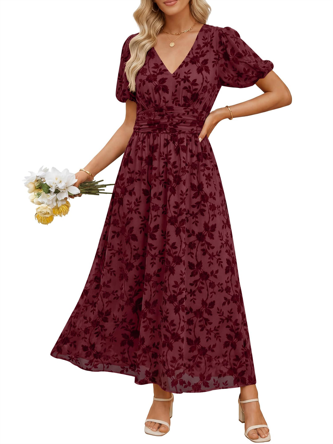ANRABESS Women’s Floral Maxi Formal Dress Summer Mesh Short Sleeve V Neck Empire Waist Wedding Guest Party Dresses