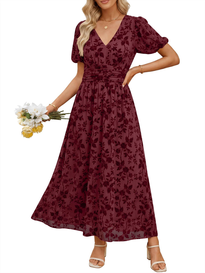 ANRABESS Women’s Floral Maxi Formal Dress Summer Mesh Short Sleeve V Neck Empire Waist Wedding Guest Party Dresses