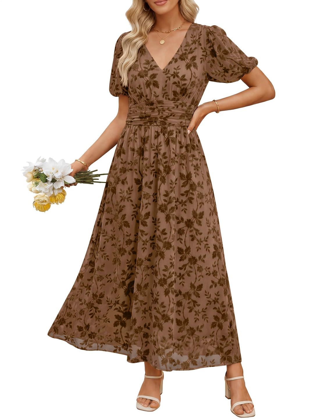 ANRABESS Women’s Floral Maxi Formal Dress Summer Mesh Short Sleeve V Neck Empire Waist Wedding Guest Party Dresses