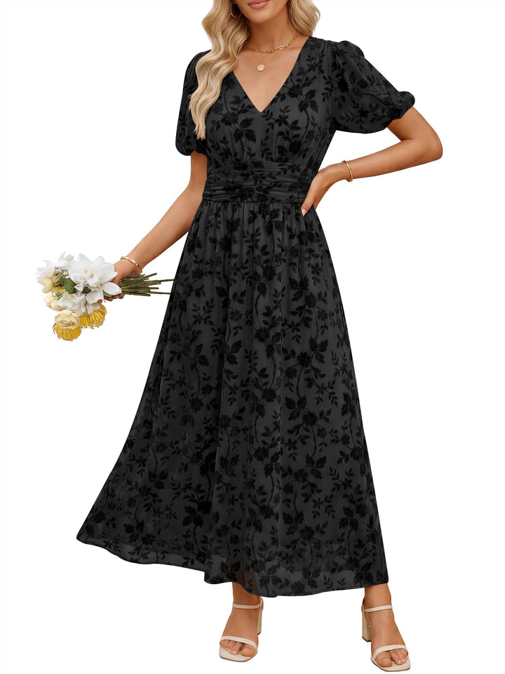 ANRABESS Women’s Floral Maxi Formal Dress Summer Mesh Short Sleeve V Neck Empire Waist Wedding Guest Party Dresses