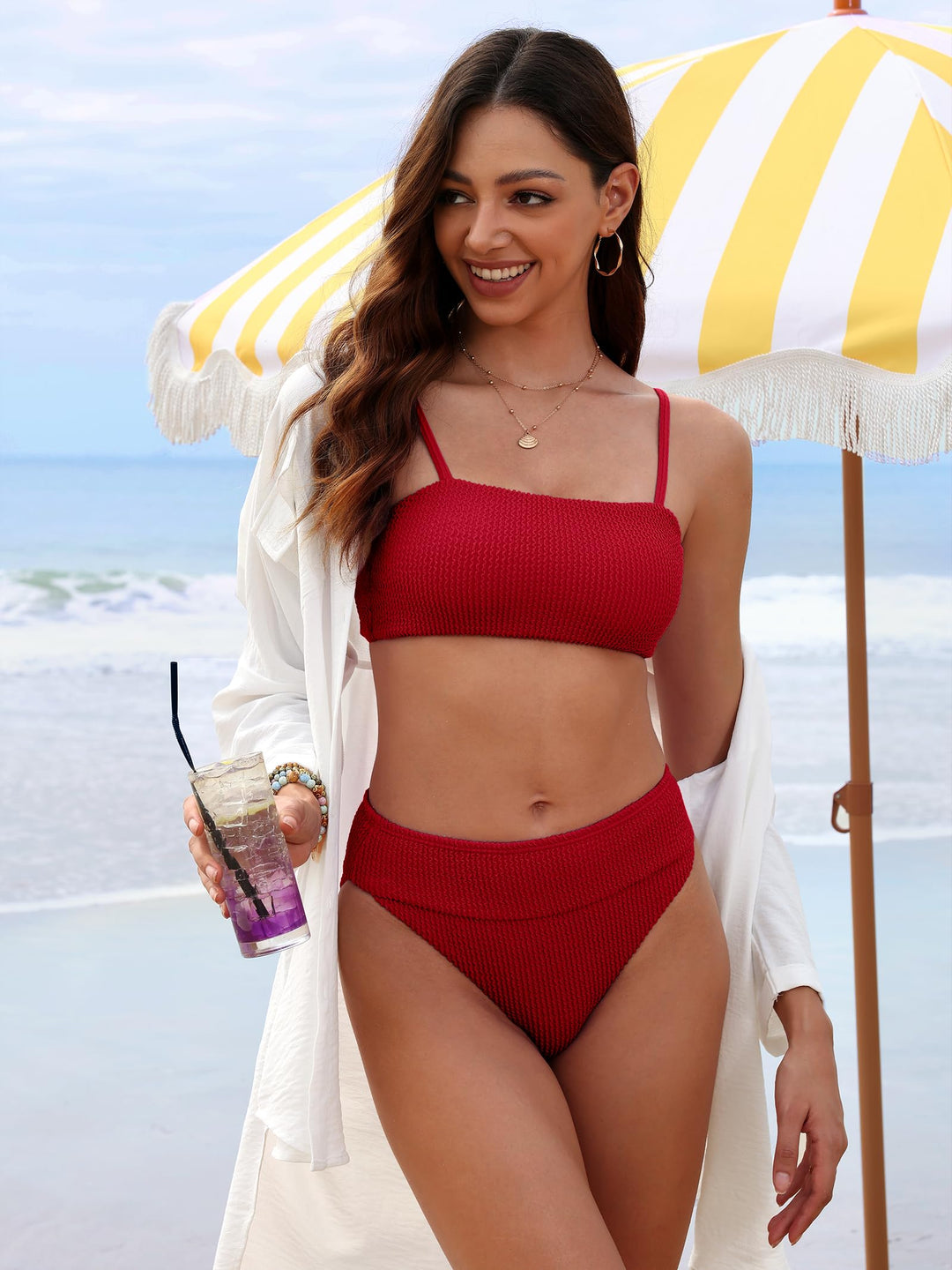 ANRABESS Tummy Control 2 Piece Swimsuits for Women High Waisted Bikini Sets Ribbed Textured Bathing Suits Beach Swimwear