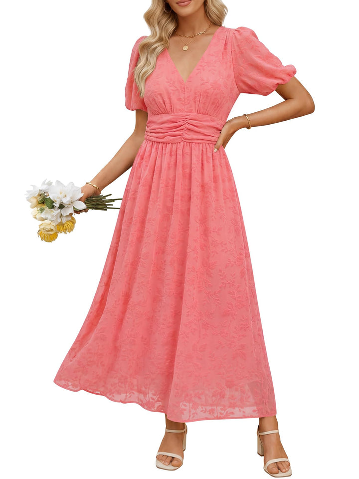 ANRABESS Women’s Floral Maxi Formal Dress Summer Mesh Short Sleeve V Neck Empire Waist Wedding Guest Party Dresses