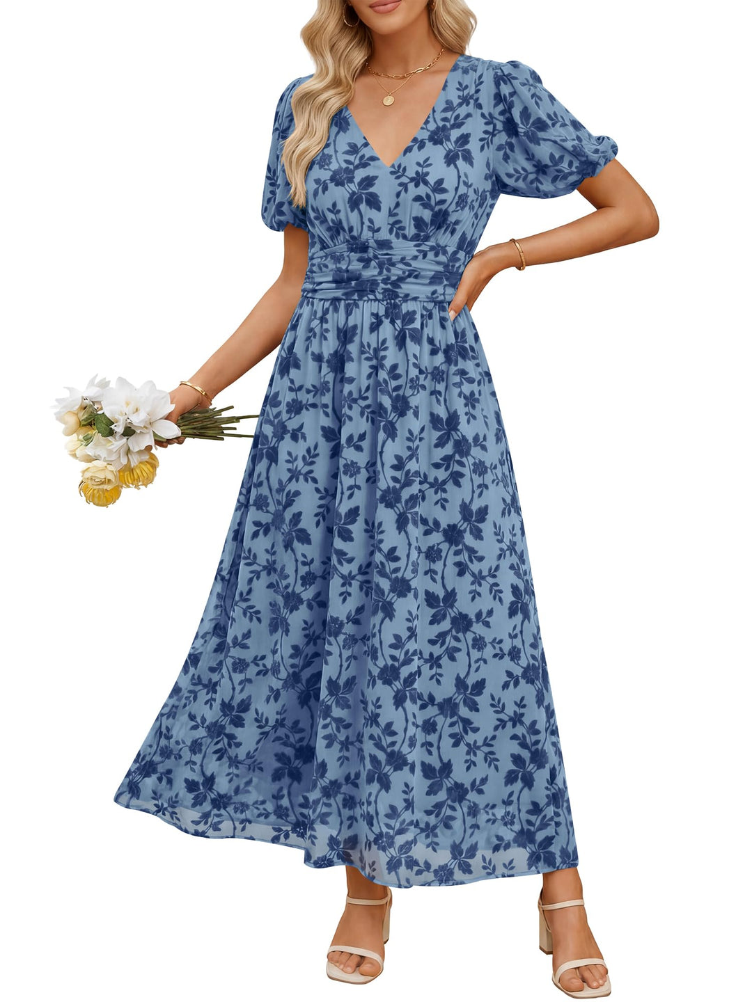 ANRABESS Women’s Floral Maxi Formal Dress Summer Mesh Short Sleeve V Neck Empire Waist Wedding Guest Party Dresses