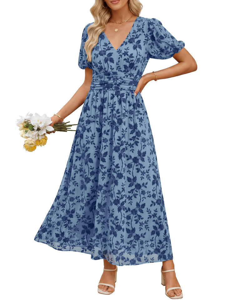 ANRABESS Women’s Floral Maxi Formal Dress Summer Mesh Short Sleeve V Neck Empire Waist Wedding Guest Party Dresses