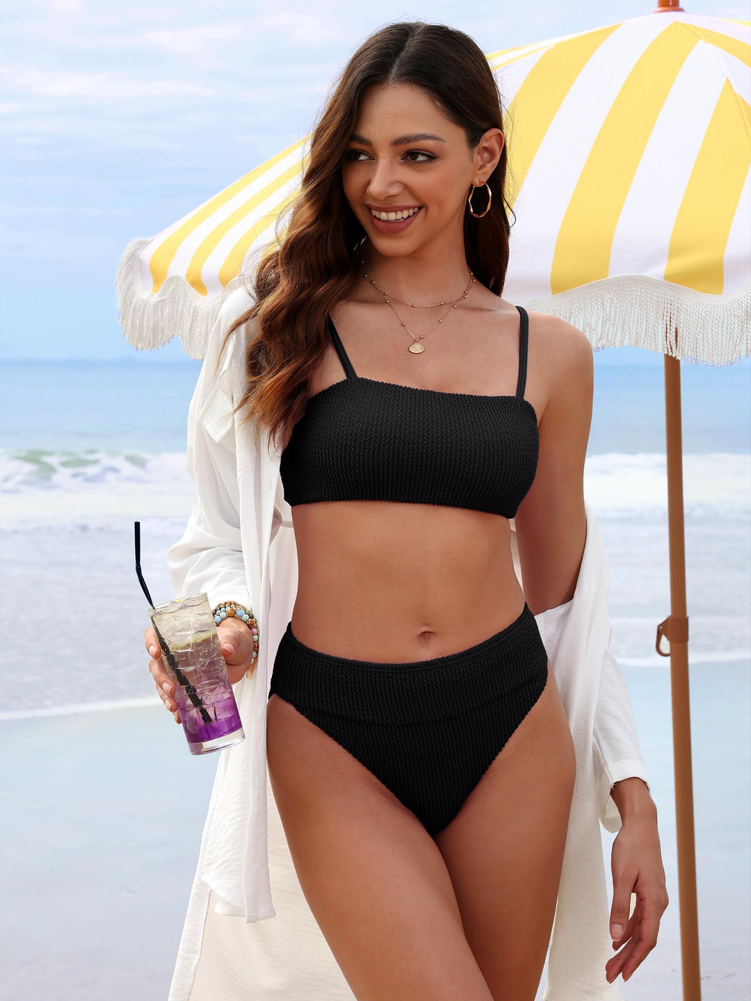 ANRABESS Tummy Control 2 Piece Swimsuits for Women High Waisted Bikini Sets Ribbed Textured Bathing Suits Beach Swimwear