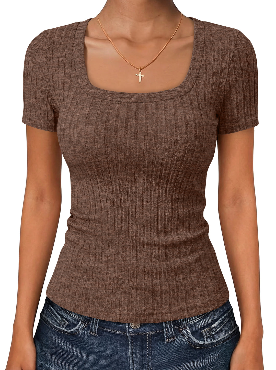 ANRABESS Womens Square Neck Tops, Soft Lightweight Rib Knit Sweater, Short Sleeve Slim Fit Shirts, Summer Casual Outfits 2026