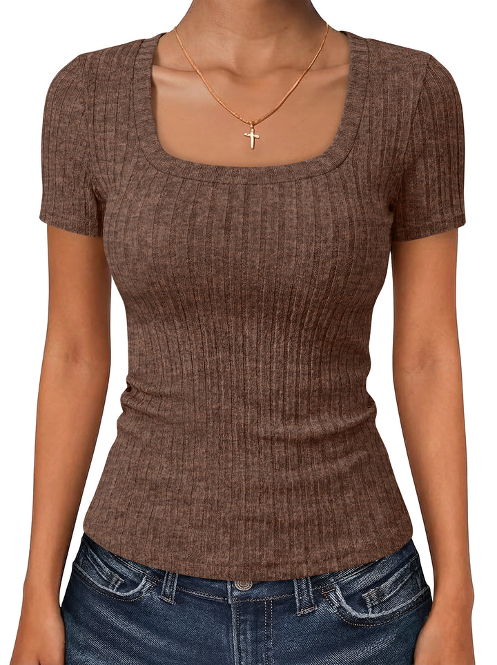 ANRABESS Womens Square Neck Tops, Soft Lightweight Rib Knit Sweater, Short Sleeve Slim Fit Shirts, Summer Casual Outfits 2026