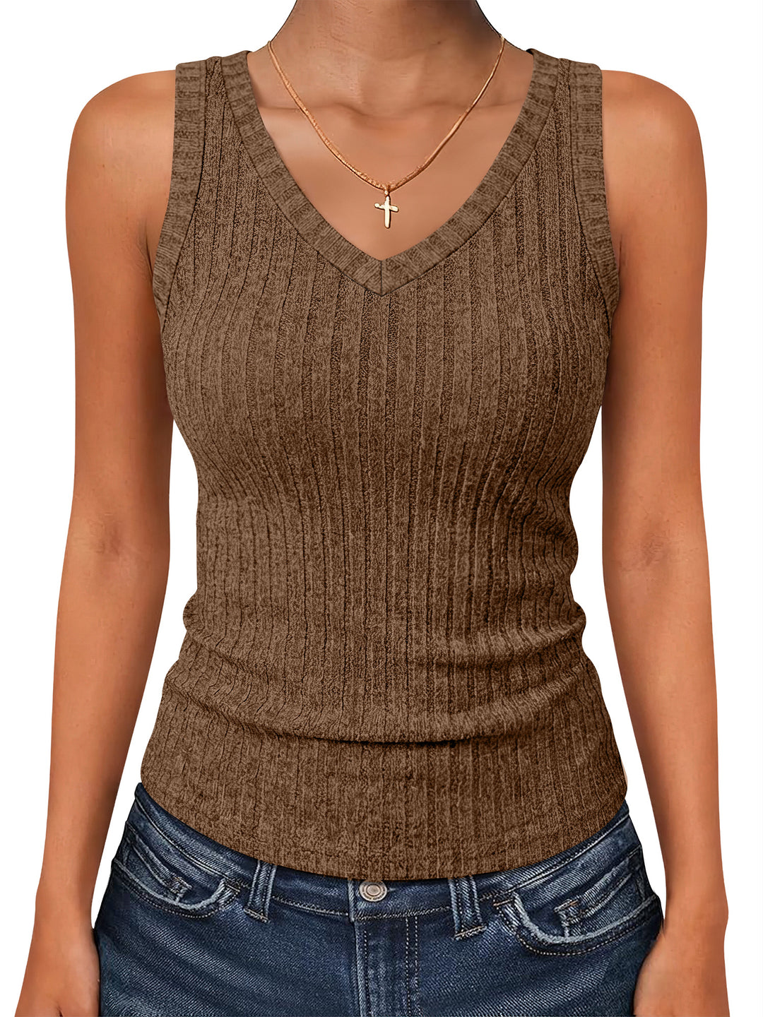 ANRABESS Women’s V Neck Tank Tops, Soft Comfy Ribbed Knit, Slim Fitted Going Out Shirts, Summer Outfits for Travel Work Daily
