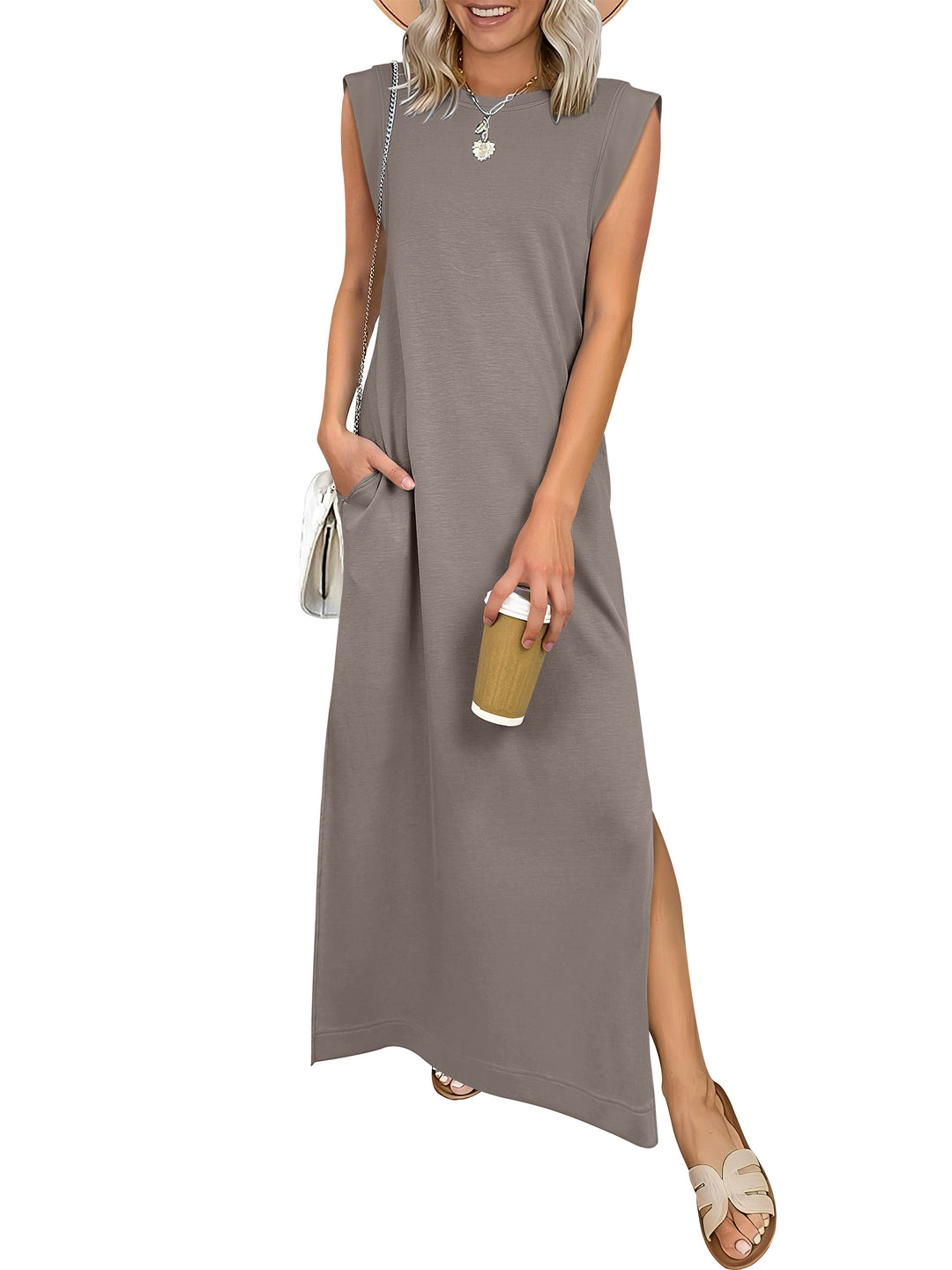 ANRABESS Summer Casual Sleeveless Maxi Dress for Women Crewneck Loose Split Wrinkle-Free Travel Vacation Long Dress Beach Sundress with Pockets